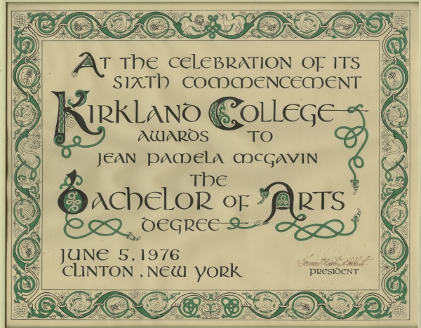 Kirkland College 1976 diploma of Jean McGavin